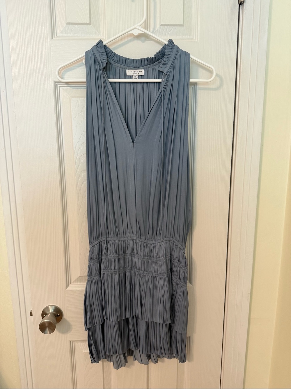 Current Air Pleated V-Neck Mini Dress in Slate Blue